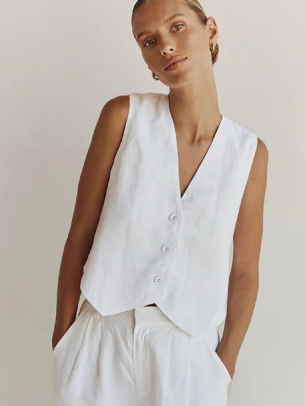 DISSH White Linen Vest Size 4 | Minimalist Coastal Chic Button Front Top
